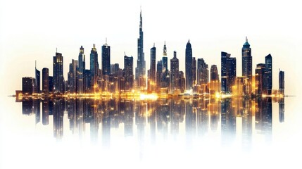 Obraz premium City skyline at night with illuminated buildings and white background representing urban scene
