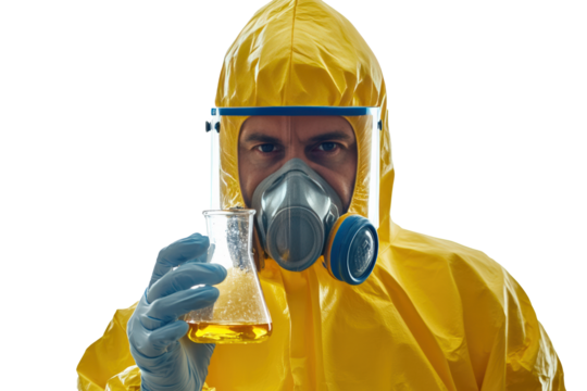 A male scientist wearing a full yellow hazmat suit with a clear face shield, holding a beaker filled with a glowing liquid. 
