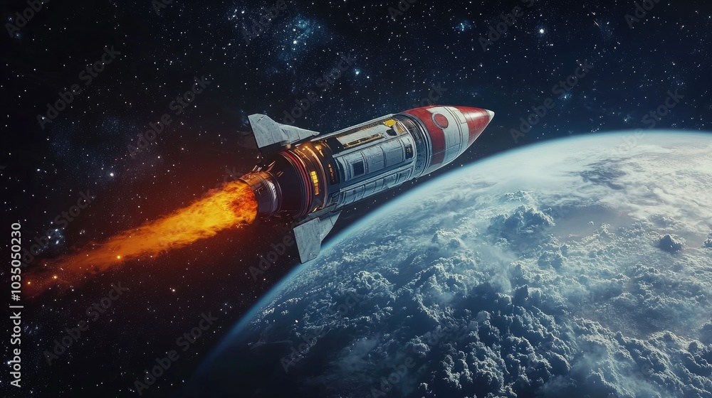 Poster rocket in space orbiting a planet 3d cartoon rendering for banner design