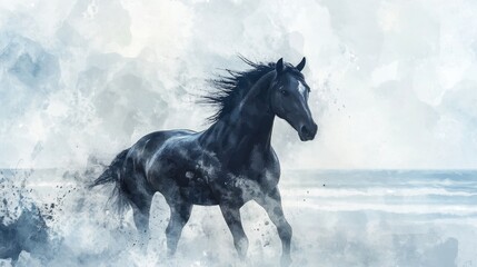 Abstract watercolor painting of a horse against a beach backdrop