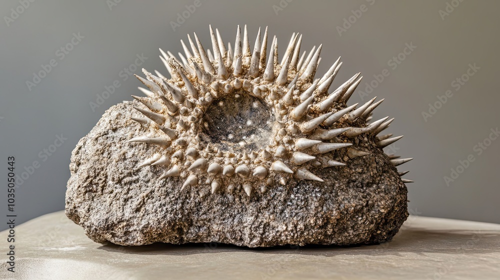 Poster fossilized sea urchin with sharp spines embedded in stone