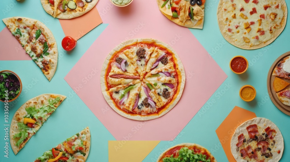 Poster delicious street food items including tacos and colorful pizzas are neatly arranged in geometric sha