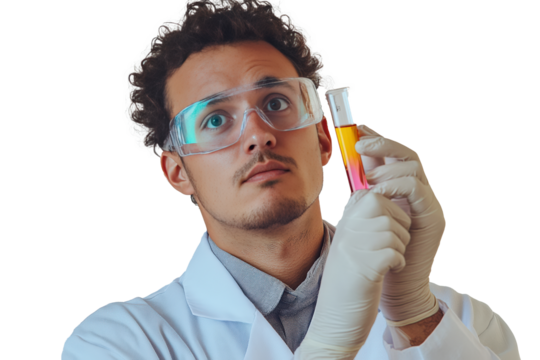A male scientist wearing a white lab coat, safety goggles, and latex gloves.