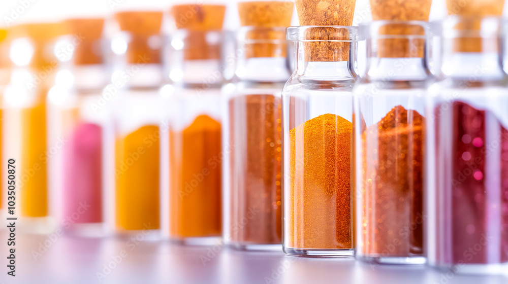 Poster various colorful spices in transparent glass jars are arranged neatly on a wooden surface, illuminat