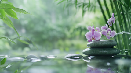 Reflected purple orchid blooming on zen stones with bamboo and space for text