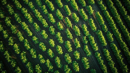 Fototapeta premium Aerial View of Green Tree Rows in an Orchard