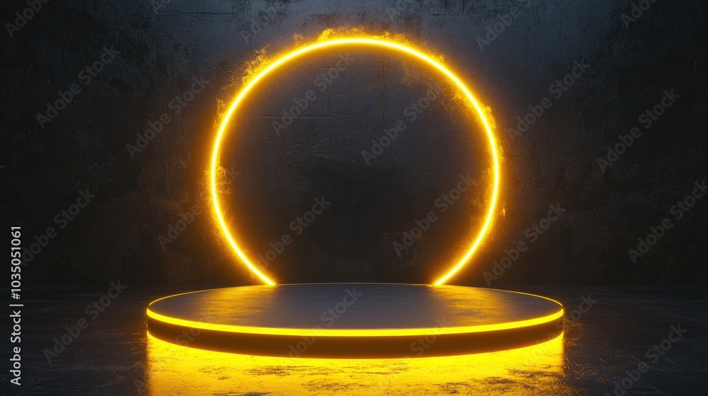Poster 3d rendering of a sci fi empty podium illuminated by yellow neon light for product showcasing