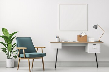 A serene therapy space mockup showcasing a cozy chair, a desk adorned with notes, and a minimalist wall ready for custom artwork, all set against a clean white backdrop.