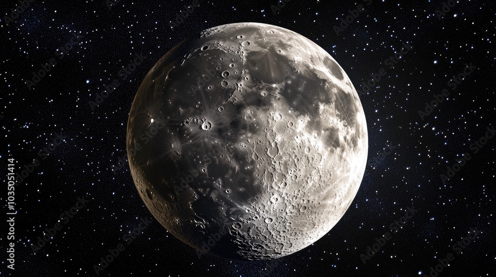 Poster 3d cartoon rendering of a full moon with visible craters against a black isolated background depicti