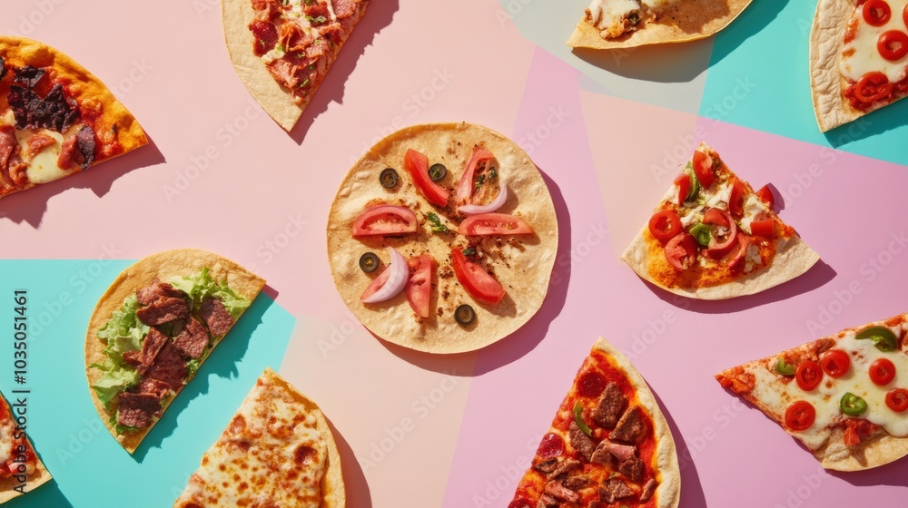 Poster a variety of tacos and pizza are artfully arranged in geometric patterns on a bright pastel backgrou