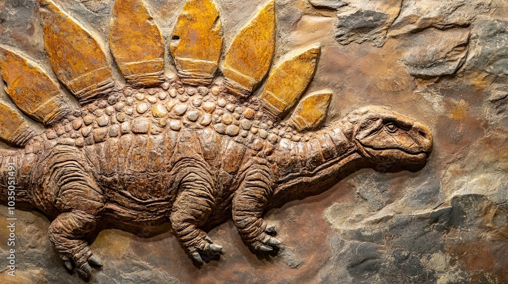 Poster fossilized stegosaurus skeleton embedded in rock