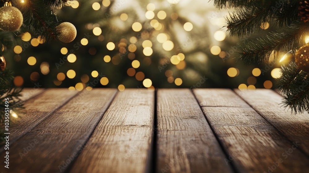 Poster glittering 3d rendering of a christmas holiday background featuring an empty wooden table in the for