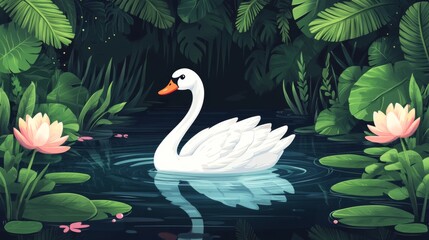 Obraz premium Swan in Tranquil Jungle Pond
