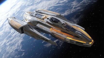 Low Earth orbit 3D cartoon rendering of a starship