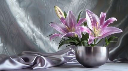 A silver background with a lavender lily in a flower pot resting on a surface