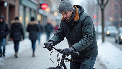 A man fixing his bicycle on a snowy sidewalk