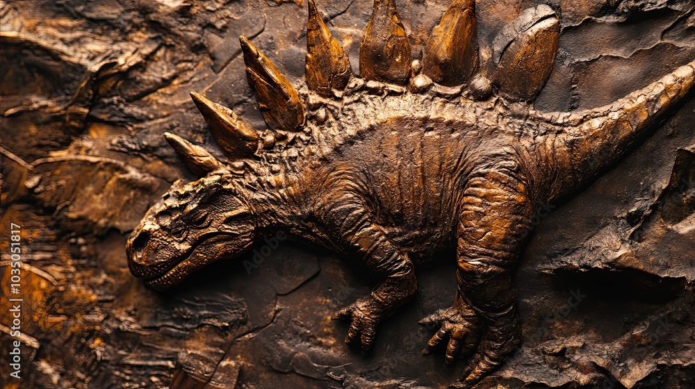 Poster close-up of a spiky dinosaur fossil embedded in rock