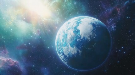 Obraz premium Cosmic illustration featuring a beautiful colorful space background in a 3D cartoon rendering style showcasing a watercolor cosmos