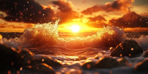 Fototapeta premium Waves crashing against rocks during sunset captured with long exposure techniques, Long exposure sunset waves crashing on rocks