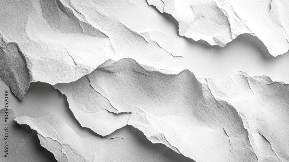 Fototapete The composition features a close-up view of textured white paper that has been torn and layered. The intricate folds and shadows provide an artistic, minimalist backdrop for creative applications.