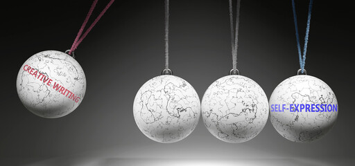 Creative Writing and Self-Expression - cause and effect relationship. A Newton cradle metaphor showing how creative writing results in self-expression. It initiates self-expression. ,3d illustration