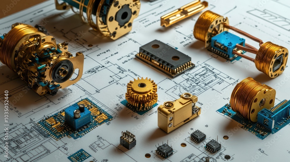 Poster golden components on technical blueprint background