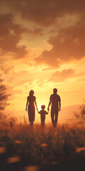A family holding hands at sunset, a warm scene full of family love and friendship