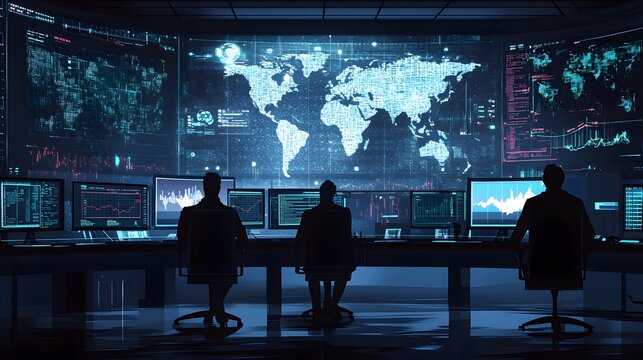 Silhouetted Figures in a Control Room Monitoring Global Data