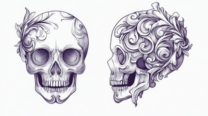 Line art illustration of a decorative skull tattoo design