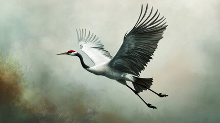 Obraz premium Illustration of a crane in flight with its wings spread wide