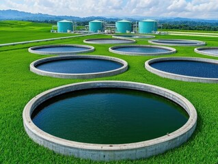 Innovative water treatment facility surrounded by lush greenery and circular tanks for efficient purification processes