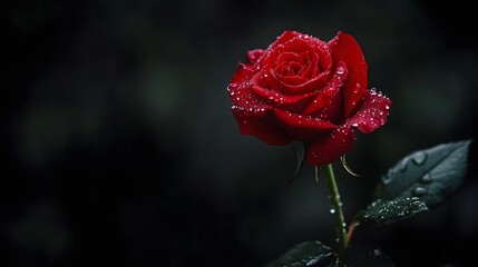 A red rose with dew drops on its petals, symbolizing love and romance.