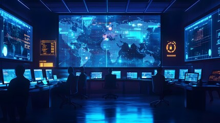 Cybersecurity specialists working in a dark room monitoring a digital world map with glowing blue lines.