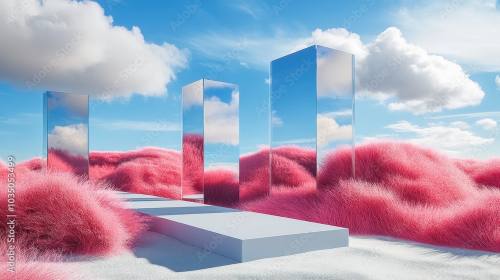Poster Podium set against a backdrop of abstract mirrored shapes and objects Surreal terrain featuring pink grass under a blue sky with clouds 3D rendering Imaginary realm with futuristic elements