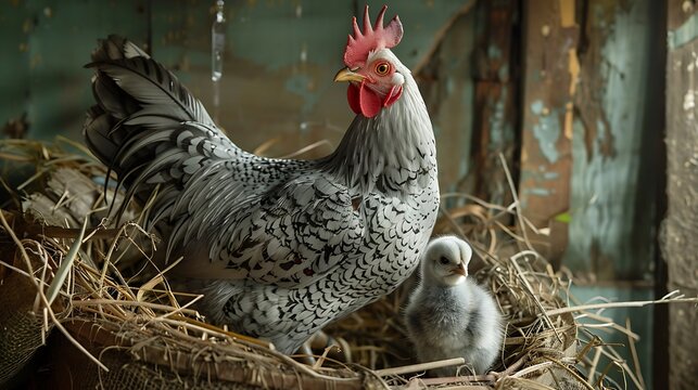 A silver broiler fowl with a chick on the outside found in a chamber