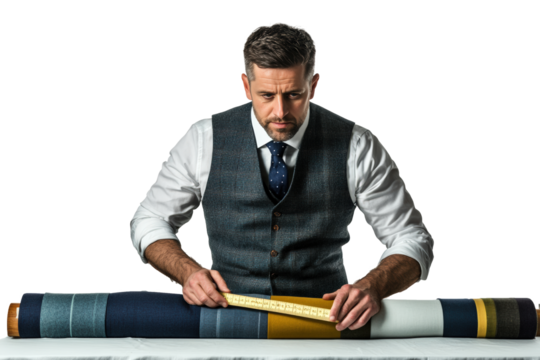 A male tailor in a neat vest and shirt, holding a measuring tape against a bolt of fabric laid out on a table.