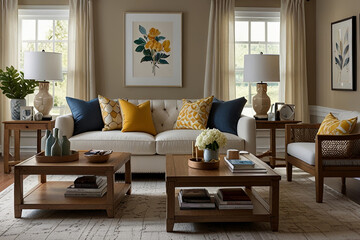 Modern Living and Dining Room Mock-up Poster, Stylish Table, and Rattan Chair
