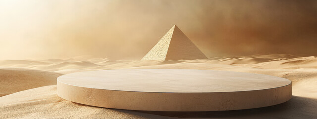Cozy Minimalist 3D Circular Podium with Pyramid Backdrop in Desert Theme