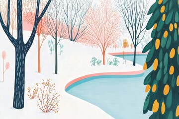 Coloring Page of a Snowy Landscape by a Serene River on a Chilly Winter Day
