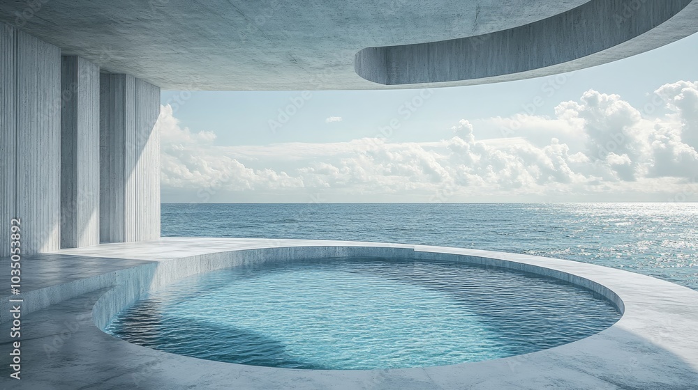 Poster 3d rendering of an empty round concrete podium floor and a pool with water featuring an abstract int
