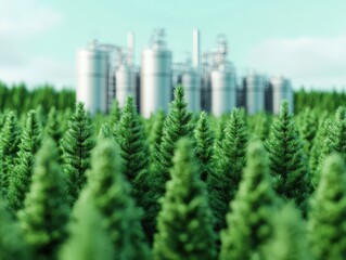 Obraz premium Lush green forest with industrial background a contrast of nature and technology in the modern landscape