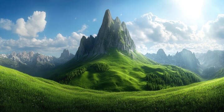 Stunning panoramic landscape featuring a prominent mountain in the Sella Group, showcasing a bright, sunny day with ample space for text