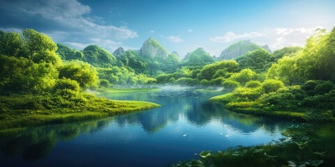 Lake surrounded by lush greenery and scenic landscapes, Scenic lake with vibrant greenery and beautiful landscapes