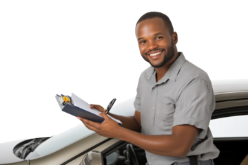 A male taxi driver, dressed in a casual button-up shirt, leaning on the open door of his taxi while holding a clipboard and pen