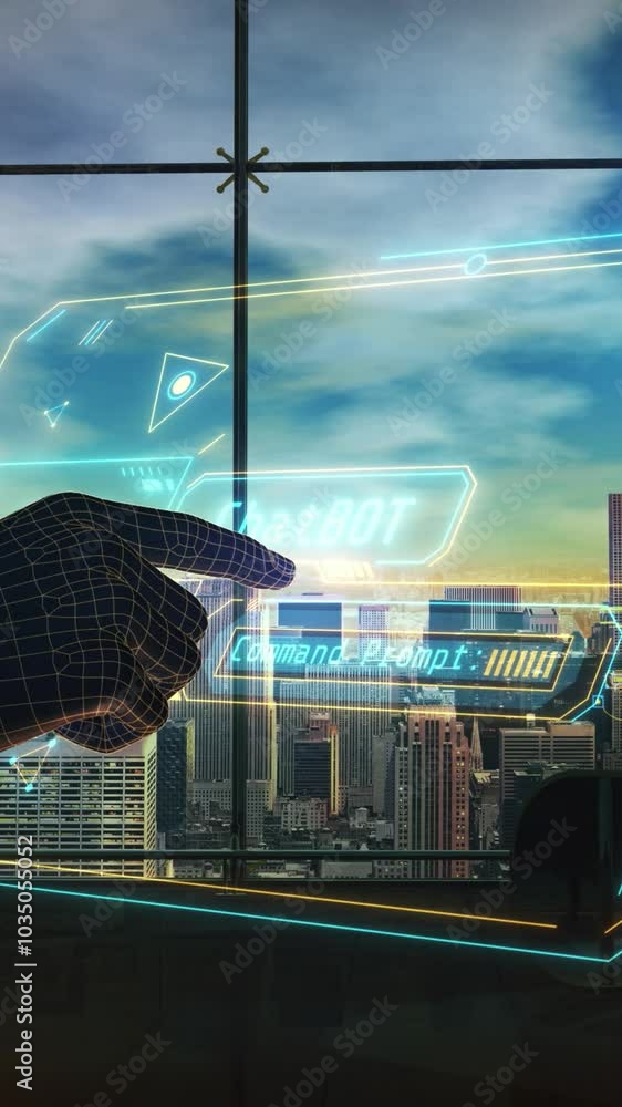 Poster working with a holographic panel equipped with artificial intelligence.
