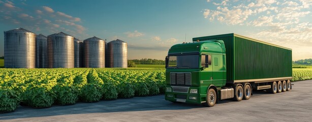 Efficient transport solutions a green truck in a vibrant agricultural landscape with silos and fields under clear skies