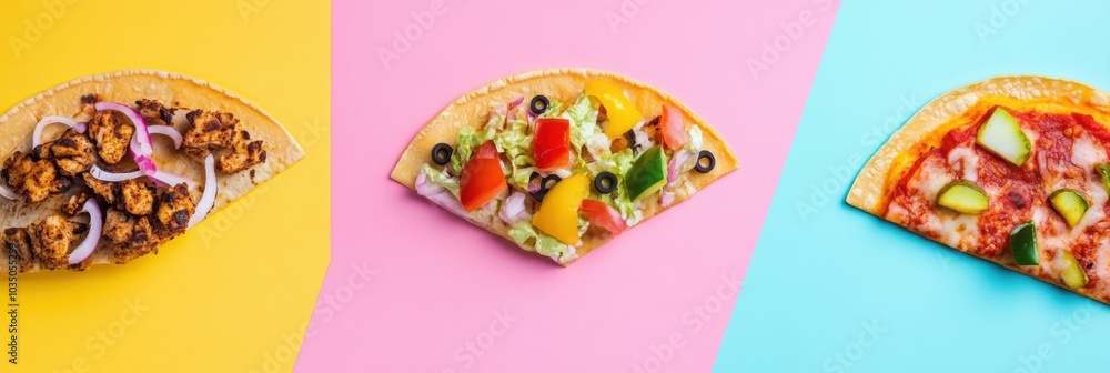 Poster tacos and pizza are creatively displayed in geometric patterns at a lively food market, showcasing a