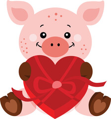 Loving pig holding a heart-shaped gift