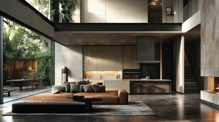 Obraz premium A large open living room with a fireplace and a kitchen
