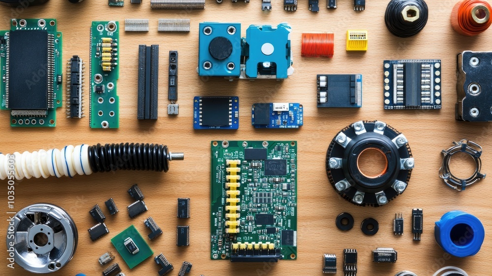 Poster electronic components and circuit board elements flat lay